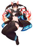  1girl :o baggy_pants bangs bikini black_bikini black_bikini_top black_coat black_footwear black_gloves black_hair breasts clenched_hand coat collar commentary_request en&#039;en_no_shouboutai fiery_ears fiery_tail fire firefighter full_body gloves grey_pants groin harukagi hip_vent looking_at_viewer medium_breasts midriff navel open_clothes open_coat pants sidelocks simple_background solo swimsuit tail tamaki_kotatsu twintails twitter_username white_background yellow_eyes 