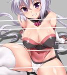  1girl ahoge blush breasts covered_navel covered_nipples highres impossible_clothes large_breasts lavender_hair leotard long_hair looking_at_viewer low_twintails red_leotard senki_zesshou_symphogear shiny shiny_clothes shiny_hair shiny_skin sitting skin_tight smile solo teeth twintails violet_eyes yoshi_tama yukine_chris 