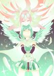  2girls angel_wings arms_around_neck bare_shoulders blue_hair blurry blurry_background cape commentary_request cowboy_shot detached_sleeves dot_nose eyelashes feathered_wings feathers gloves goddess_madoka gradient gradient_background hair_between_eyes hair_ribbon half-closed_eyes happy highres hug hug_from_behind kaname_madoka legs_apart light_particles long_hair looking_at_another looking_up mahou_shoujo_madoka_magica miki_sayaka multiple_girls no_nose outstretched_arms pink_hair pleated_skirt ribbon shaded_face shiny shiny_hair short_hair sidelocks simple_background skirt smile sparkle sparkle_background standing strapless sword two_side_up weapon white_gloves white_legwear white_ribbon wings yellow_eyes yooki_(winter_cakes) 