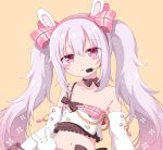  1girl animal_ears azur_lane bangs bare_shoulders black_bow black_choker bow brown_background choker collarbone commentary_request detached_sleeves eyebrows_visible_through_hair frills grey_hair hair_between_eyes hair_bow hairband headset laffey_(azur_lane) laffey_(halfhearted_bunny_idol)_(azur_lane) long_hair long_sleeves looking_at_viewer midriff navel parted_lips pink_bow pink_hairband plaid plaid_bow rabbit_ears red_eyes riria_(happy_strawberry) sidelocks single_strap solo twintails very_long_hair white_sleeves 