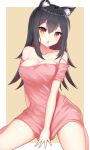  1girl animal_ear_fluff animal_ears arknights bangs bare_shoulders bencao_gangmu_(19) black_hair breasts commentary_request dress eyebrows_visible_through_hair fang gloves hair_between_eyes highres kneeling large_breasts long_hair looking_at_viewer open_mouth orange_eyes pink_dress short_sleeves skin_fang texas_(arknights) 