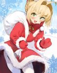  1girl absurdres ahoge blonde_hair bloop blush breasts christmas commentary dress english_commentary fate/extra fate_(series) fur_trim garter_straps green_eyes hair_bun hair_intakes hat highres holding holding_sack huge_ahoge looking_at_viewer medium_breasts mittens nero_claudius_(fate) nero_claudius_(fate)_(all) open_mouth padoru red_dress red_headwear red_mittens sack santa_costume santa_hat short_hair snowflakes solo thigh-highs white_legwear 