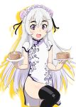  1girl black_legwear blush breasts chaika_trabant china_dress chinese_clothes commentary_request dress eyebrows food hair_ornament hairband highres hitsugi_no_chaika long_hair looking_at_viewer open_mouth silver_hair smile solo thigh-highs thighs ueyama_michirou violet_eyes white_hair 