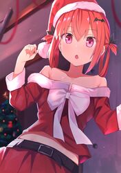  1girl absurdres alternate_costume bare_shoulders bat_hair_ornament belt black_ribbon blush christmas christmas_tree commentary_request fur-trimmed_sleeves fur_trim gabriel_dropout hair_between_eyes hair_ornament hair_ribbon hands_up hat highres indoors kerun kurumizawa_satanichia_mcdowell looking_at_viewer medium_hair open_mouth red_skirt redhead ribbon santa_costume santa_hat skirt solo violet_eyes 