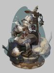  1girl absurdres angry armor bird blue_eyes braid brown_gloves bucket cat dragon dress fish gloves helmet highres holding holding_bucket lamppost long_hair open_mouth original pouch soapz_3535 splashing standing twitter_username water white_hair 