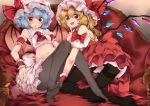  2girls :d :o adapted_costume arm_cuffs ascot bangs bare_arms bare_shoulders bat_wings black_legwear blonde_hair blue_hair blush bow breasts brooch commentary_request couch crop_top crystal eyebrows_visible_through_hair fang flandre_scarlet frilled_shirt_collar frills groin hair_between_eyes hand_up hat hat_bow index_finger_raised indoors jewelry kneeling knees_together_feet_apart knees_up looking_at_viewer meji_aniki midriff mob_cap multiple_girls navel no_shoes one_side_up open_mouth pantyhose partial_commentary petticoat red_bow red_eyes red_neckwear red_skirt remilia_scarlet shirt short_hair siblings sisters sitting skirt skirt_set sleeveless sleeveless_shirt small_breasts smile stomach thighs touhou white_headwear white_shirt white_skirt wings wrist_cuffs 