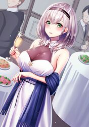  1girl 2boys alternate_costume bare_shoulders blush breasts cup drinking_glass eyebrows_visible_through_hair faceless faceless_male food green_eyes headband highres holding holding_cup hololive large_breasts looking_at_viewer medium_hair multiple_boys plate see-through shirogane_noel sparkle table virtual_youtuber white_hair wine_glass zussunn 