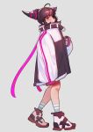 1girl ahoge baggy_clothes black_hair casual eyepatch han_juri hiroshi_(hiroshixhiss) jacket oversized_clothes shoes short_twintails sleeves_past_wrists sneakers socks solo street_fighter street_fighter_v track_jacket twintails violet_eyes walking 