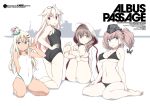  4girls ahoge alternate_costume atlanta_(kantai_collection) barefoot bikini black_bikini black_ribbon black_swimsuit blonde_hair blue_eyes bow braid breasts brown_eyes brown_hair earrings eyebrows_visible_through_hair garrison_cap grecale_(kantai_collection) green_eyes hair_between_eyes hair_bow hair_ornament hair_ribbon hairclip hat hood hoodie jewelry kantai_collection large_breasts long_hair multiple_girls navel one-piece_swimsuit open_mouth pink_bow red_eyes remodel_(kantai_collection) ribbon shinshuu_maru_(kantai_collection) smile souji swimsuit twin_braids twintails white_hoodie white_swimsuit yuudachi_(kantai_collection) 