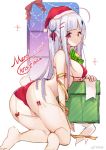  1girl arched_back ass azur_lane bikini breasts bunny_tail christmas cygnet_(azur_lane) eyebrows_visible_through_hair from_side garter_straps hat hecha_(swy1996228) highres kneeling large_breasts looking_at_viewer merry_christmas pink_eyes red_bikini santa_hat sideboob sidelocks silver_hair smile solo swimsuit tail thigh-highs weibo_username white_legwear 