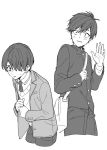  2boys bag blush enoki_not frown greyscale hair_over_one_eye hands_together male_focus monochrome multiple_boys neckwear original parted_lips school_bag school_uniform simple_background smile sweat upper_body waving white_background worried 