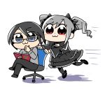  1boy 1girl :3 bkub_(style) black_hair blue_eyes blue_neckwear dress drill_hair glasses grey_hair hozumi_(5+2head) idolmaster idolmaster_cinderella_girls idolmaster_side-m kanzaki_ranko leg_up lolita_fashion long_hair necktie parody poptepipic pushing red_eyes ribbon sakuraba_kaoru seiyuu_connection smile style_parody twin_drills twintails uchida_maaya uchida_yuuma 