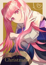  1girl blue_legwear box closed_mouth fire_emblem fire_emblem:_three_houses garreg_mach_monastery_uniform gift gift_box heart highres hilda_valentine_goneril holding long_hair merry_christmas pink_eyes pink_hair simple_background solo spoken_heart thigh-highs twintails twitter_username uniform watermark web_address yanagiba_kiriko yellow_background 