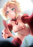  1girl blonde_hair bra braid breasts detached_collar detached_sleeves fate/grand_order fate_(series) french_braid green_eyes hair_ornament hair_scrunchie highres indoors looking_at_viewer mordred_(fate) mordred_(fate)_(all) mozu_(peth) navel panties pointing pointing_at_viewer ponytail red_bra red_panties red_scrunchie revealing_clothes scrunchie sidelocks small_breasts solo strapless strapless_bra thigh-highs underwear 