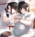  1boy 2girls age_difference ass bangs bed black_hair black_legwear blurry blurry_background blush braid breasts brown_hair child commentary_request dress eyebrows_visible_through_hair green_eyes hair_behind_ear hair_intakes hat highres hug id_card indoors kfr large_breasts multiple_girls nurse nurse_cap on_bed original pantyhose ponytail scrunchie short_dress short_sleeves side_braid sitting sitting_on_bed sitting_on_lap sitting_on_person smile violet_eyes wall watch watch white_dress white_headwear white_legwear white_scrunchie 