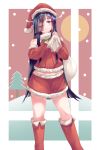  001machi 1girl alternate_costume bag black_hair blush boots christmas closed_mouth eyebrows_visible_through_hair fur-trimmed_skirt fur_boots fur_trim hair_over_one_eye hair_ribbon hat hayashimo_(kantai_collection) highres kantai_collection long_hair looking_at_viewer red_footwear red_shirt red_skirt ribbon santa_boots santa_costume santa_hat shirt skirt solo very_long_hair violet_eyes 