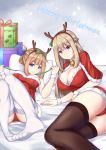  2girls antlers black_legwear blue_eyes box breasts capelet christmas fake_antlers fur-trimmed_capelet fur_trim gift gift_box hairband highres large_breasts lexington_(warship_girls_r) light_brown_hair long_hair looking_at_viewer lying merry_christmas multiple_girls on_back on_bed on_side phelps_(warship_girls_r) pillow platinum_blonde_hair red_capelet red_hairband reindeer_antlers santa_costume sidelocks smile thigh-highs warship_girls_r white_legwear xiao_qi 