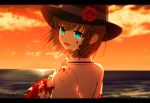  1girl blood blood_on_face bloody_clothes braid breasts brown_hair charlotte_corday_(fate/grand_order) crying fate/grand_order fate_(series) flower green_eyes hat hat_flower large_breasts letterboxed meiji_ken ocean sunset twitter_username 
