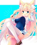 1girl :d animal_ear_fluff animal_ears bangs blonde_hair blue_background blue_eyes blue_swimsuit blush bow breasts brown_footwear commentary covered_navel eyebrows_visible_through_hair fang fox_ears fox_girl fox_tail fuuna_thise hair_bow hair_intakes highres holding holding_stylus impossible_clothes impossible_swimsuit large_breasts loafers long_hair long_sleeves one-piece_swimsuit open_mouth original outline shoes smile solo stylus swimsuit symbol_commentary tail thigh-highs two-tone_background very_long_hair white_background white_bow white_legwear white_outline 
