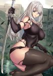  1girl android black_gloves black_legwear blue_eyes boots breasts building day elbow_gloves giovanni_zaccaria gloves katana large_breasts long_hair mole mole_under_mouth nier_(series) nier_automata no_blindfold overcast pink_lips robot_joints ruins silver_hair sword thigh-highs thigh_boots torn_clothes weapon yorha_type_a_no._2 