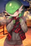  1girl alternate_costume blurry blurry_background blush city_lights clothed_pokemon depth_of_field flat_chest gardevoir gen_3_pokemon green_hair hair_over_one_eye happy highres kashu_(hizake) long_sleeves looking_at_viewer night night_sky no_humans outdoors pavement pink_skirt plaid plaid_scarf pokemon pokemon_(creature) red_eyes scarf short_hair skirt sky smile solo sweater white_skin winter_clothes 