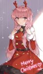 1girl antlers artist_name bell blush buttons christmas english_text eyebrows_visible_through_hair eyes_visible_through_hair girls_frontline highres merry_christmas ntw-20_(girls_frontline) pink_eyes pink_hair reindeer_antlers santa_costume snowflakes solo user_uyfr2275 