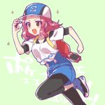  1girl :d background_text backpack bag baseball_cap black_shirt blue_footwear blue_headwear blue_shorts brown_eyes commentary cosplay female_protagonist_(pokemon_go) female_protagonist_(pokemon_go)_(cosplay) green_background hat high-waist_shorts highres holding holding_poke_ball kuroi_mimei layered_clothing leaning_forward leg_up leggings legwear_under_shorts looking_to_the_side medium_hair no_socks open_mouth pantyhose poke_ball poke_ball_(generic) poke_ball_print pokemon pokemon_(game) pokemon_go redhead rosehip_(girls_und_panzer) running shirt shoes short_shorts shorts smile sneakers solo sparkle v-shaped_eyebrows white_shirt 