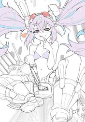  1girl animal_ears azur_lane belt bikini_top blush boots buckle detached_sleeves fake_animal_ears finger_to_mouth flat_chest gradient_eyes heart highlights highres kyma_curry laffey_(azur_lane) lavender_hair long_hair looking_at_viewer midriff miniskirt multicolored multicolored_eyes multicolored_hair naughty_face navel partially_colored phallic_symbol pleated_skirt rabbit_ears single_detached_sleeve sitting skirt solo spread_legs tongue tongue_out turret twintails unfastened 