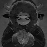  1girl animal_ears fur_trim grey_background greyscale hands_together hood hood_up horns kunitarou-art long_sleeves monochrome original solo 