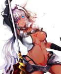  1girl animal_ears arm_up armpits bangs belt black_gloves black_panties blue_eyes body_markings breasts caenis_(fate) collarbone commentary_request cowboy_shot cyan_ink dark_skin elbow_gloves eyebrows_visible_through_hair eyelashes fate/grand_order fate_(series) faulds gauntlets gloves hair_intakes halter_top halterneck head_tilt headpiece highleg highleg_panties highres holding holding_spear holding_weapon large_breasts long_hair looking_at_viewer midriff navel open_mouth panties pauldrons polearm shoulder_plates smile solo spear underwear very_long_hair weapon white_background white_hair 