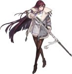  black_legwear blue_eyes bolt_action boots brown_eyes dress full_body gun hair_between_eyes heterochromia highres knee_boots last_origin long_hair looking_away mosin-nagant official_art purple_hair rifle rorobomb short_dress sniper_rifle t-8w_valkyrie tachi-e thigh-highs very_long_hair weapon white_dress 