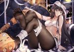 1girl azur_lane bandaged_arm bandaged_head bandages black_legwear blue_eyes breasts brown_hair candle character_request clouds cloudy_sky couch crossed_legs feet full_body halloween indoors long_hair long_island_(azur_lane) mamemena manjuu_(azur_lane) medium_breasts moon night pantyhose parted_lips sitting sky soles solo straight_hair umbrella window