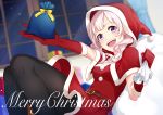  1girl bangs black_legwear blurry blurry_background bon_(bonbon315) breasts christmas commentary_request gift gloves hat holding holding_gift holding_sack indoors medium_breasts merry_christmas open_mouth original pantyhose red_gloves red_headwear sack santa_hat smile solo violet_eyes white_hair 