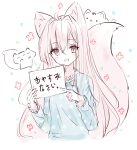  1girl :d ahoge animal animal_ear_fluff animal_ears bangs blue_dress blush_stickers brown_eyes cat dated dress eyebrows_visible_through_hair fox_ears fox_girl fox_tail hair_between_eyes hair_intakes highres holding holding_sign long_hair long_sleeves open_mouth original pink_hair pointing sign smile solo tail tandohark translated very_long_hair white_background 