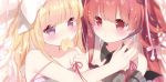  2girls ame_usari bangs bare_shoulders black_collar black_neckwear black_wings blonde_hair blunt_bangs blurry blurry_background blush bow closed_mouth collar commentary cookie demon_wings depth_of_field detached_collar dress english_commentary eyebrows_visible_through_hair feeding food food_in_mouth grey_dress hair_bow heart highres long_hair mini_wings multiple_girls original red_eyes redhead sleeveless sleeveless_dress smile striped striped_bow violet_eyes white_bow white_dress wing_collar wings 