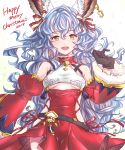  1girl :d animal_ears bare_shoulders black_gloves blue_hair blush bow breasts christmas commentary_request covered_navel curly_hair detached_sleeves dress erune ferry_(granblue_fantasy) fur-trimmed_sleeves fur_trim gloves granblue_fantasy hair_between_eyes hair_bow hand_up highres jewelry long_hair merry_christmas open_mouth red_dress sideless_outfit simple_background single_earring skin_tight small_breasts smile solo under_boob underboob_cutout very_long_hair white_background wide_sleeves yellow_eyes zui_2307 