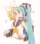 ! 2girls aqua_hair bangs bare_shoulders black_collar black_sleeves blonde_hair blue_eyes blush bow closed_eyes collar collarbone commentary crop_top cropped_torso detached_sleeves grey_shirt hair_bow hair_ornament hatsune_miku headphones heart highres holding_hands kagamine_rin kiss long_hair looking_at_another m0ti multiple_girls neckerchief sailor_collar shirt short_hair shoulder_tattoo sleeveless sleeveless_shirt surprise_kiss surprised swept_bangs tattoo twintails upper_body very_long_hair vocaloid white_background white_bow white_shirt yellow_neckwear yuri 