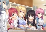  5girls 8kumagawa_(log) :d ;d absurdres apron black_hair blonde_hair blue_eyes blush braid breasts cabinet character_request crepe eating food grey_hair hands_on_shoulders highres indoors long_hair long_sleeves looking_at_viewer measuring_cup medium_breasts mitsukasa_ayase mixing_bowl multiple_girls one_eye_closed open_mouth pen pink_eyes pink_hair redhead riddle_joker rolling_pin short_twintails sink smile twintails very_long_hair violet_eyes whisk writing yuzu-soft 