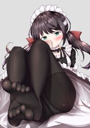  1girl alternate_costume azur_lane bangs black_choker black_dress black_hair black_legwear blush bow choker closed_mouth commentary_request dress enmaided eyebrows_visible_through_hair feet frilled_choker frilled_dress frills glasgow_(azur_lane) green_eyes grey_background hair_bow highres legs long_hair maid maid_headdress mochiyuki no_shoes panties panties_under_pantyhose pantyhose puffy_short_sleeves puffy_sleeves red_bow short_sleeves sidelocks simple_background soles solo toes twintails underwear very_long_hair 