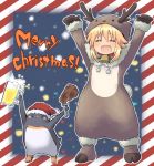  alcohol animal_costume beer beer_mug bell bird blonde_hair blush blush_stickers christmas costume food hat highres hijikata-san_(m.m) koshirae_tsurugi m.m meat original penguin reindeer_costume santa_hat sidelocks smile 