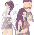  1girl arm_tattoo back back_tattoo bare_arms bare_back bare_chest bare_legs bare_shoulders braid breasts closed_mouth dress earrings facial_mark fire_emblem fire_emblem:_three_houses garreg_mach_monastery_uniform jewelry long_hair long_sleeves looking_at_viewer necklace petra_macneary ponytail purple_hair shiny shiny_hair short_dress simple_background single_braid solo strap sword tattoo tied_hair uniform upper_body weapon white_background 