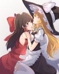  2girls ^_^ absurdres apron bangs bare_shoulders black_hair black_headwear black_skirt black_vest blonde_hair blush bow braid breasts brown_eyes closed_eyes commentary_request detached_sleeves frilled_apron frills from_side gradient gradient_background grey_background hair_bow hair_tubes hakurei_reimu hat hat_bow highres kirisame_marisa long_hair long_sleeves looking_at_another miniskirt multiple_girls open_mouth petticoat profile puffy_short_sleeves puffy_sleeves red_bow red_skirt shirt short_sleeves sideboob sidelocks single_braid sitting skirt skirt_set small_breasts thigh-highs thighs tongue tongue_out touhou vest waist_apron wariza white_apron white_bow white_legwear white_shirt wide_sleeves witch_hat yuri z_loader zettai_ryouiki 