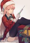  1girl absurdres bell black_legwear blurry braid depth_of_field fate/grand_order fate_(series) florence_nightingale_(fate/grand_order) florence_nightingale_santa_(fate/grand_order) french_braid hat highres long_hair looking_at_viewer neck_ribbon needle pink_hair red_eyes ribbon santa_hat sidelocks skirt smile solo syringe thigh-highs thighs white_background white_skirt yorukun 