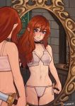 1girl absurdres blue_eyes blush bra choker closed_mouth elf highres holding holding_weapon indoors long_hair looking_at_viewer mirror navel original panties pointy_ears redhead reflection side-tie_panties smile solo sunna_(nilsunna) underwear underwear_only weapon white_bra white_panties 