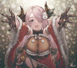  1girl bare_shoulders black_gloves black_legwear blue_eyes braid breasts detached_sleeves draph from_above fur-trimmed_sleeves fur_trim garter_belt garters gloves granblue_fantasy hair_ornament hair_over_one_eye heart heart-shaped_pupils horns ivris large_breasts lavender_hair long_hair long_sleeves looking_at_viewer mistletoe narmaya_(granblue_fantasy) obi open_mouth outstretched_arms outstretched_hand pink_hair pointy_ears pom_pom_(clothes) sash smile snowman_hair_ornament solo symbol-shaped_pupils thigh-highs upper_body very_long_hair 