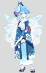  1girl alternate_costume armband blue_eyes blue_hair blue_kimono cirno closed_mouth flower full_body hair_flower hair_ornament highres ice ice_wings japanese_clothes kimono long_sleeves looking_at_viewer nikorashi-ka obi pointy_ears sash scarf short_hair solo standing tabi touhou wide_sleeves wings zouri 
