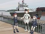  3girls adrian_ferrer black_legwear blue_dress blue_eyes boat book boots brown_eyes brown_hair character_request commentary cross-laced_footwear dock dress english_commentary full_body hat kantai_collection lace-up_boots military military_uniform multiple_girls naval_uniform pier pleated_skirt redhead sailor_collar sailor_dress sailor_hat short_dress short_hair silver_hair skirt socks standing thigh-highs uniform watercraft white_footwear white_skirt z1_leberecht_maass_(kantai_collection) z3_max_schultz_(kantai_collection) 