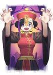  1girl absurdres black_hair chinese_clothes claw_pose double_bun fangs hair_bun highres jiangshi long_sleeves multicolored multicolored_hair open_mouth original purple_hair purple_nails signature solo talisman tombstone tongue tostantan violet_eyes 