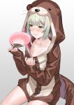  1girl animal_costume animal_hood bangs blush character_request collarbone deras eyebrows_visible_through_hair fan gradient gradient_background green_eyes green_hair highres hood nijisanji_id onesie otter_costume short_hair sitting solo sweat 