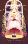  1girl altar angel_wings blonde_hair blue_eyes candle christmas english_text g36_(girls_frontline) girls_frontline hair_ribbon highres maid_headdress merry_christmas ribbon robe shoes shuzi solo window wings younger 